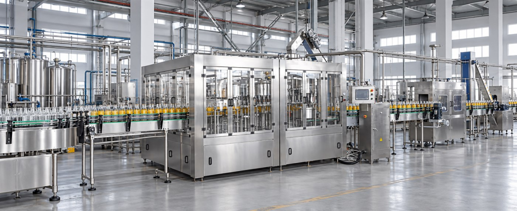 Complete carbonated beverage filling line in a factory