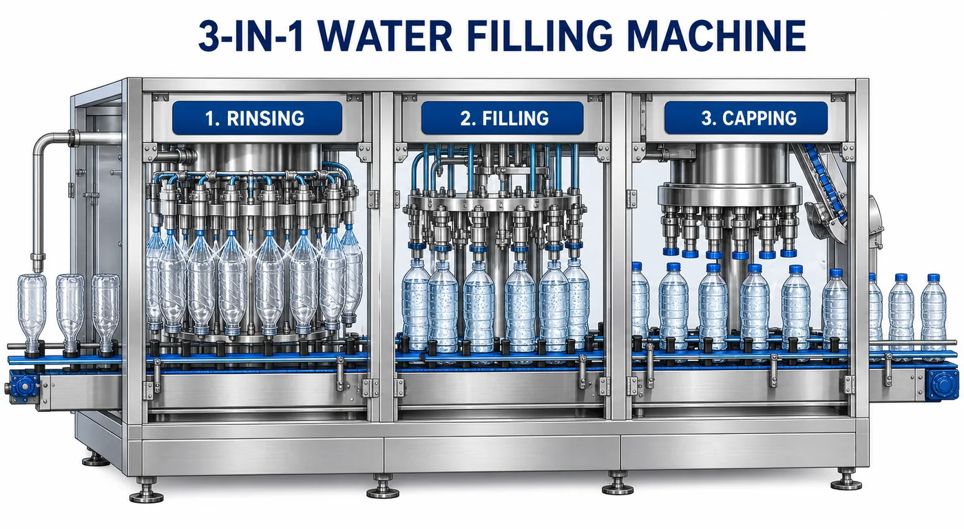 Three-in-one water filling machine rinsing, filling and capping process