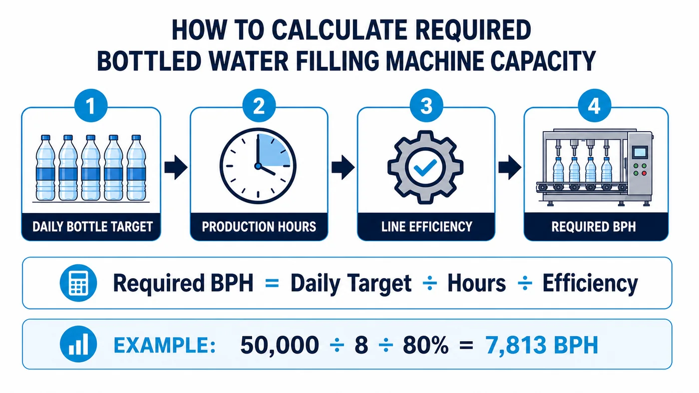 Bottled water filling machine capacity calculation using daily target, hours and efficiency
