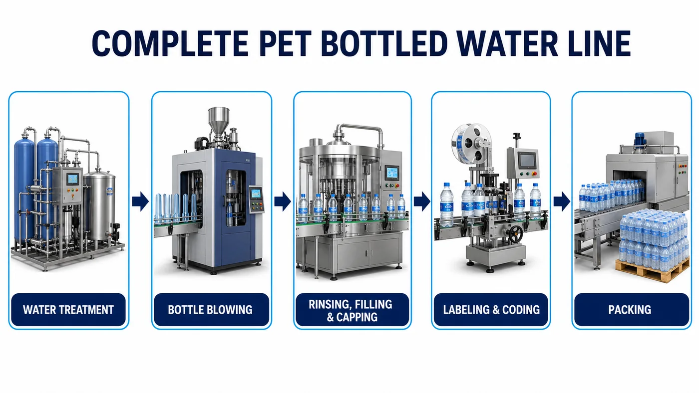 Complete PET bottled water line from water treatment to bottle packing