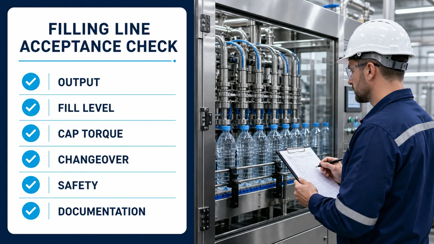 Engineer performing a bottled water filling line factory acceptance check