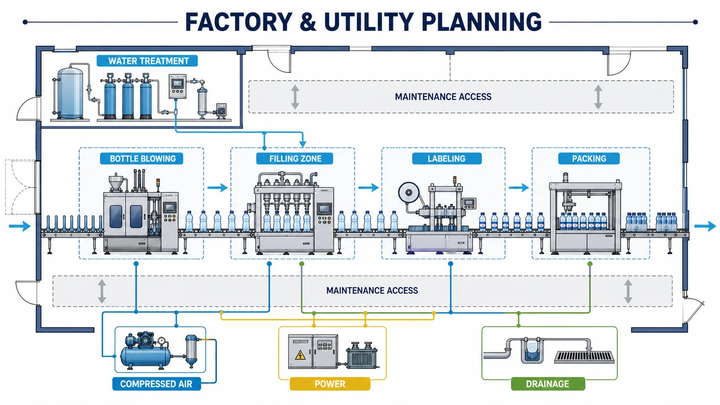 Bottled water filling line factory layout and utility planning diagram